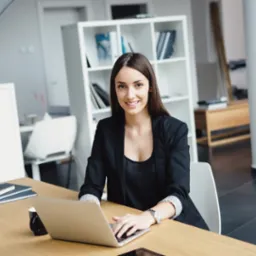 Uśmiechnięta kobieta w biurze, w czarnej marynarce, pracuje na laptopie. Na biurku notatniki i kawa. W tle regał z książkami i kolumna.