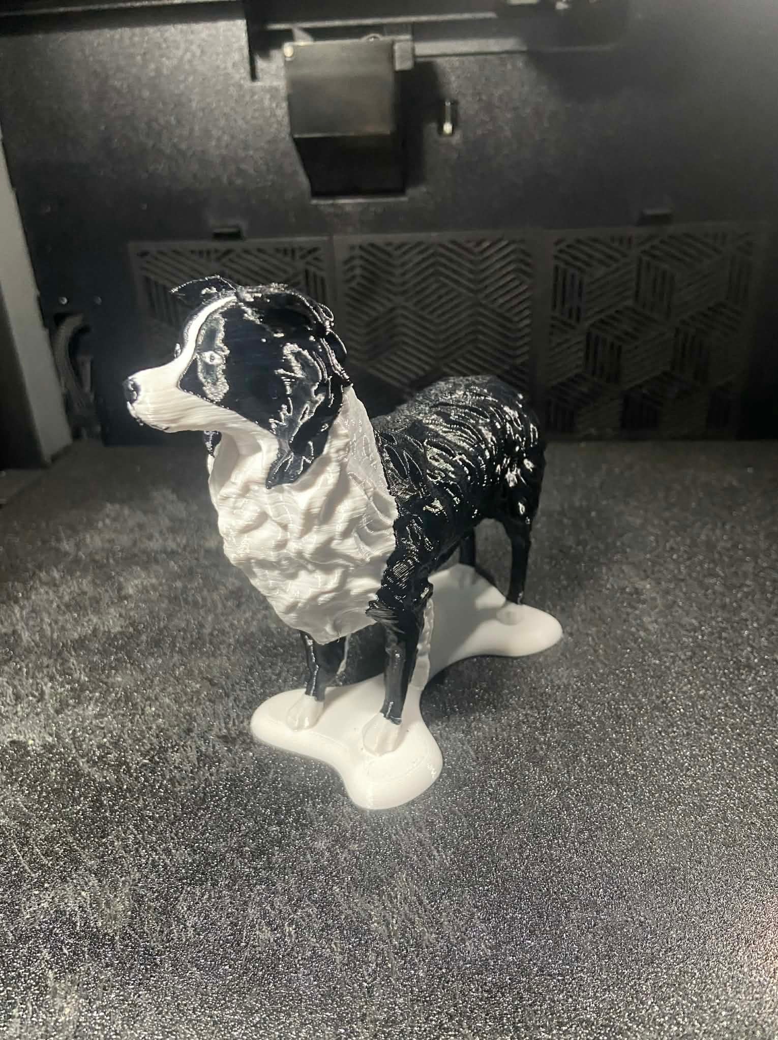 Figurka psa rasy border collie, wydrukowana w 3D z białego i czarnego filamentu, stojąca na platformie drukarki 3D. Widoczne warstwy druku.