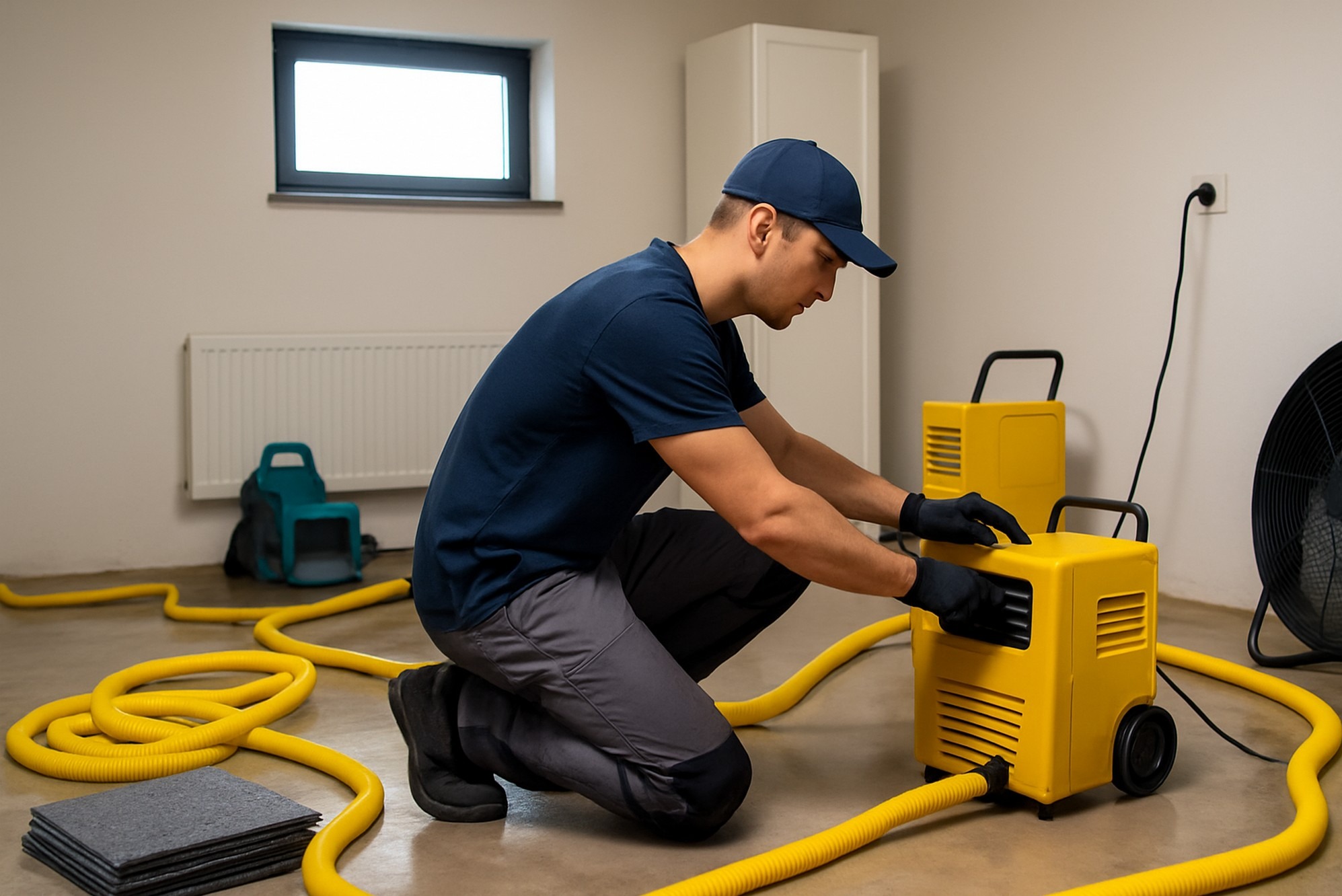 Pracownik w czapce obsługuje żółty sprzęt z wężami na podłodze. W tle wentylator, biała szafka i okno. Sprzęt do usuwania wilgoci w trakcie pracy.