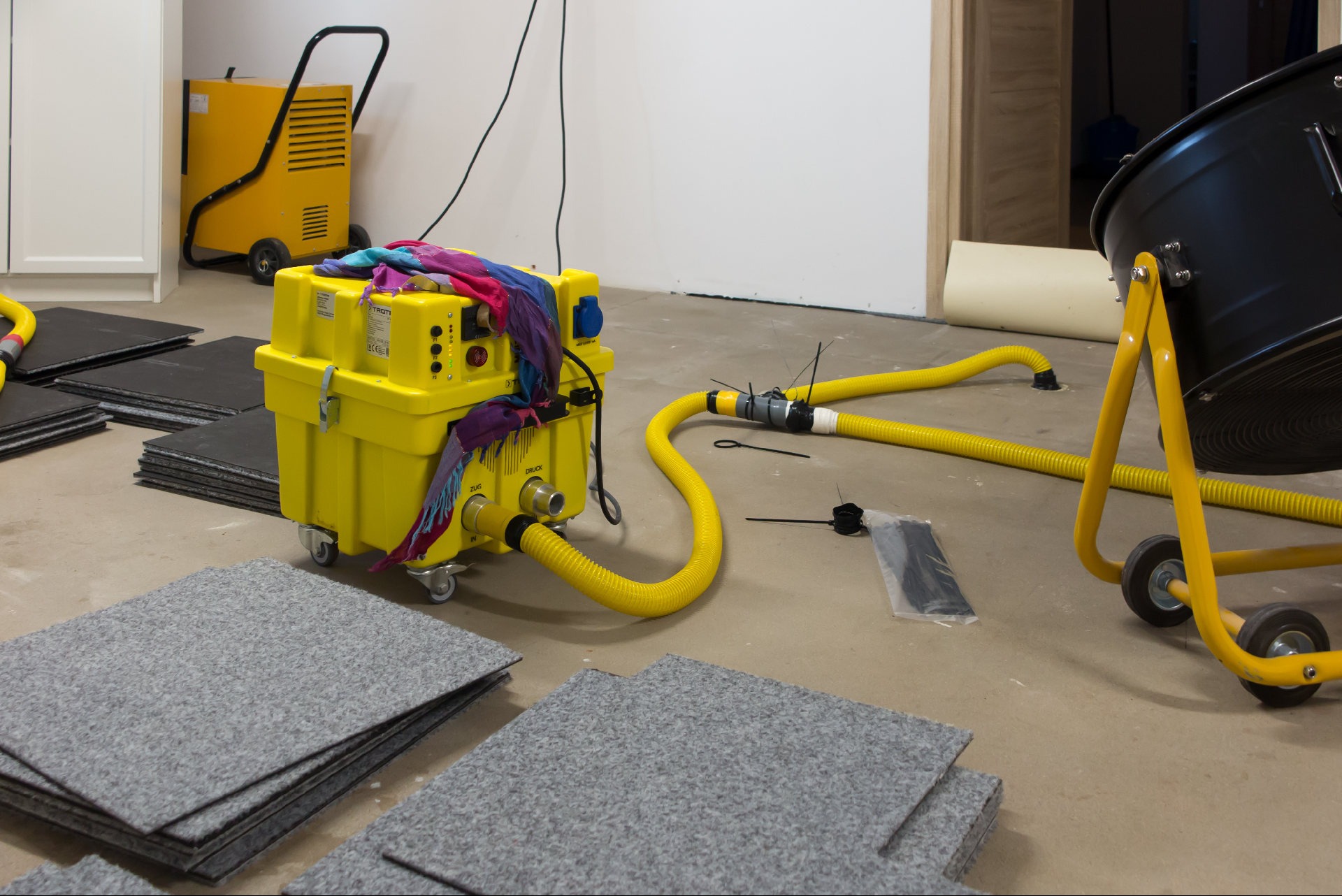 Sprzęt do osuszania: żółty osuszacz kondensacyjny z wężami i wentylator osiowy na kółkach, otoczony płytkami dywanowymi w pomieszczeniu po zalaniu.