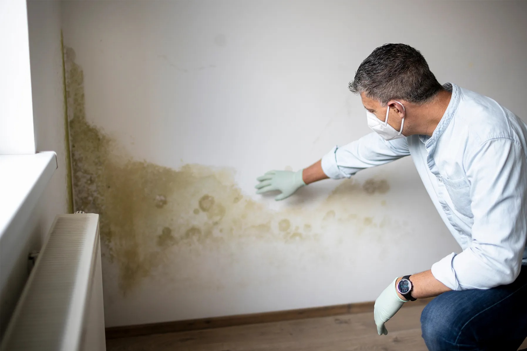 Inspektor w masce i rękawicach bada zawilgocenia i pleśń na ścianie w pomieszczeniu, blisko okna i grzejnika.