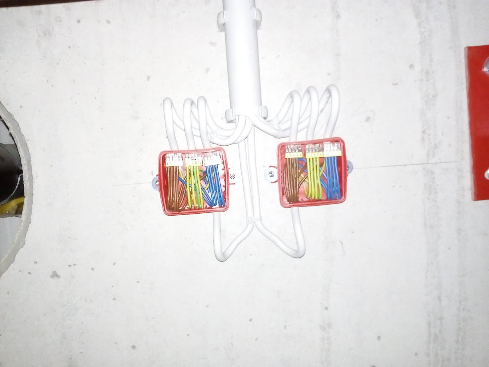 Dwa czerwone, kwadratowe gniazdka elektryczne z kolorowymi kablami, zamontowane na szarej ścianie. Białe rurki prowadzą do gniazdek. Widoczny fragment otworu w ścianie.