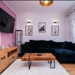 Salon z czarną sofą narożną, drewnianym stolikiem kawowym i komodą. Ściana w kolorze pudrowego różu. Nowoczesne oświetlenie i dekoracje.