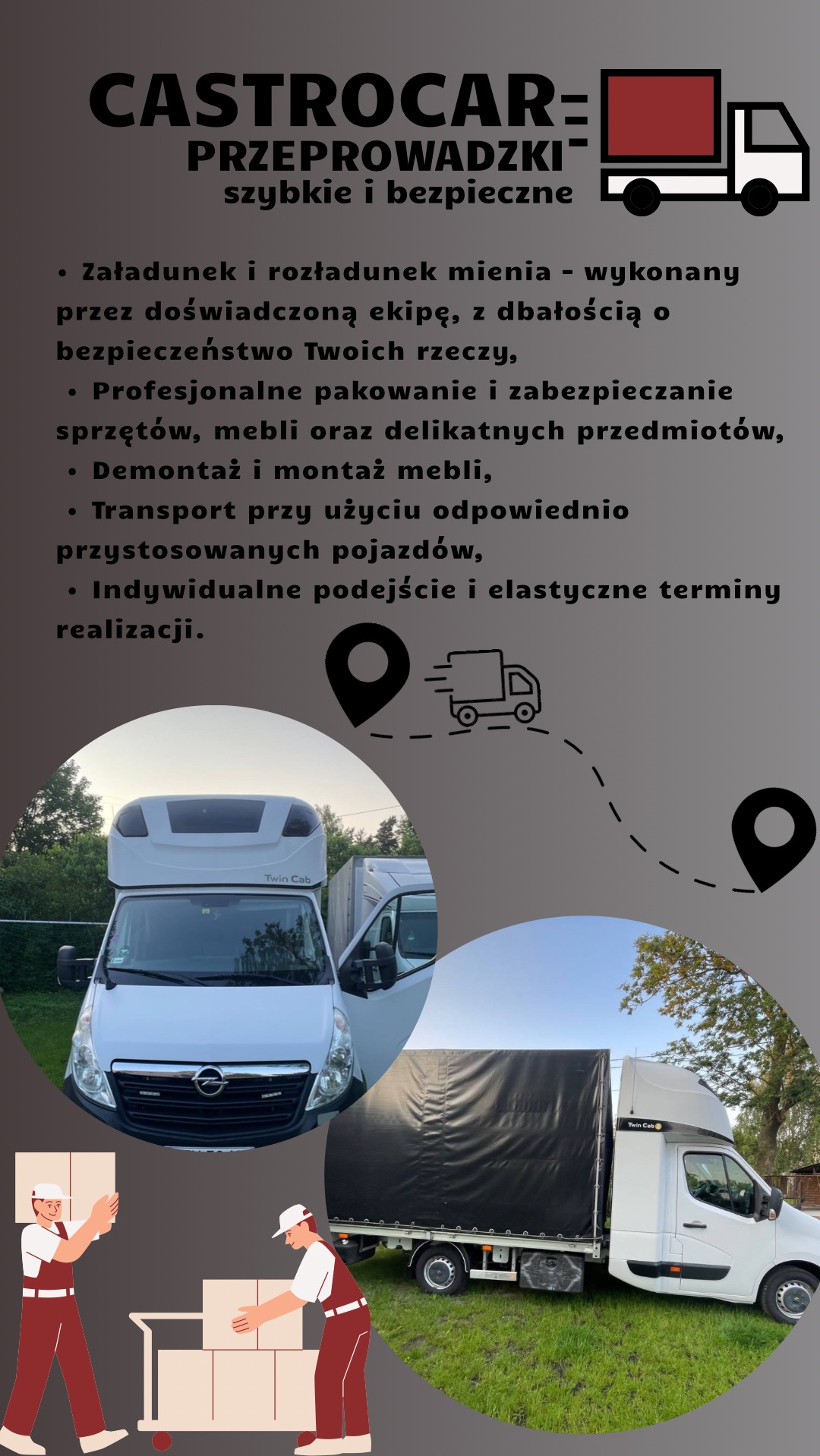 Grafika reklamowa firmy przeprowadzkowej: białe busy z nadbudową, tekst o usłudze, grafika pracowników z kartonami. Transport mienia, profesjonalizm.