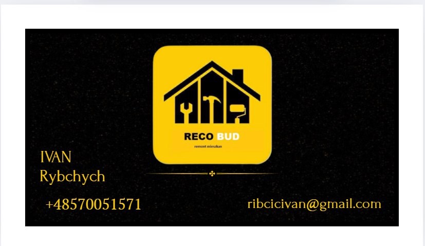 Wizytówka firmy RECO BUD z Bielska-Białej. Żółte logo z ikonami narzędzi remontowych (klucz, młotek, wałek) na czarnym tle. Dane kontaktowe: imię, numer telefonu i adres e-mail.
