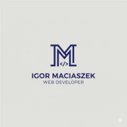 Minimalistyczny logotyp z literą 'M' i symbolem kodu '</>' nad imieniem i nazwiskiem 'Igor Maciaszek' oraz podpisem 'Web Developer' w granatowej kolorystyce.