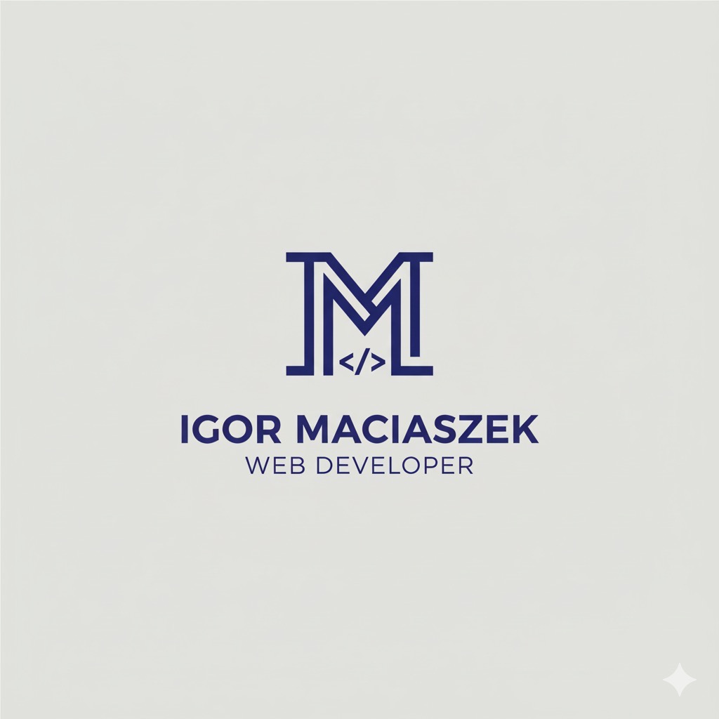 Minimalistyczny logotyp z literą 'M' i symbolem kodu '</>' nad imieniem i nazwiskiem 'Igor Maciaszek' oraz podpisem 'Web Developer' w granatowej kolorystyce.