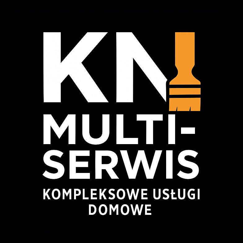 Logotyp KN Multi-Serwis: białe litery KN z pomarańczowym pędzlem malarskim, napis 'KOMPLEKSOWE USŁUGI DOMOWE' na czarnym tle. Minimalistyczny design.