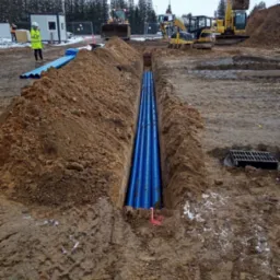 Wkop z ułożonymi niebieskimi rurami, widoczne maszyny budowlane i pracownik w odblaskowej kamizelce. Teren budowy, ziemia, częściowo zaśnieżony teren.