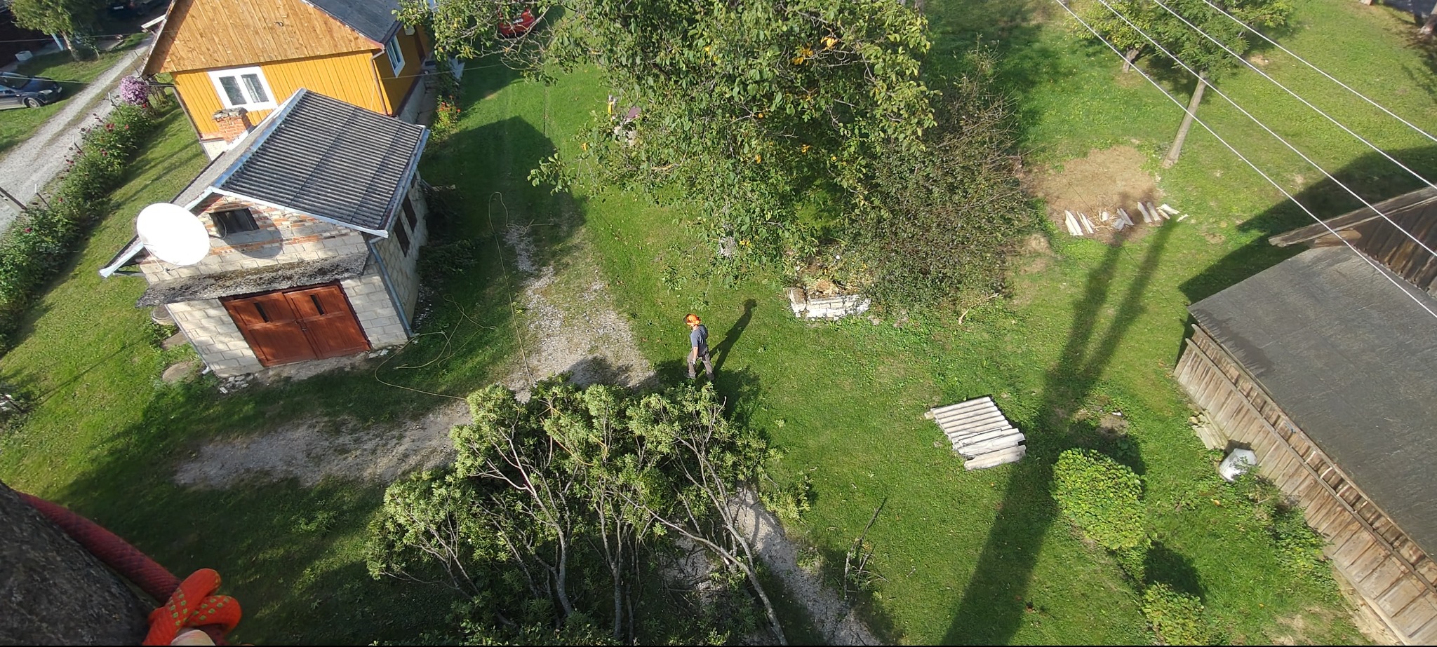 Widok z góry na ogrodnika w kasku, po wycince drzewa w ogrodzie. W tle budynki mieszkalne i elementy posesji. Świeżo ścięte gałęzie na trawniku.