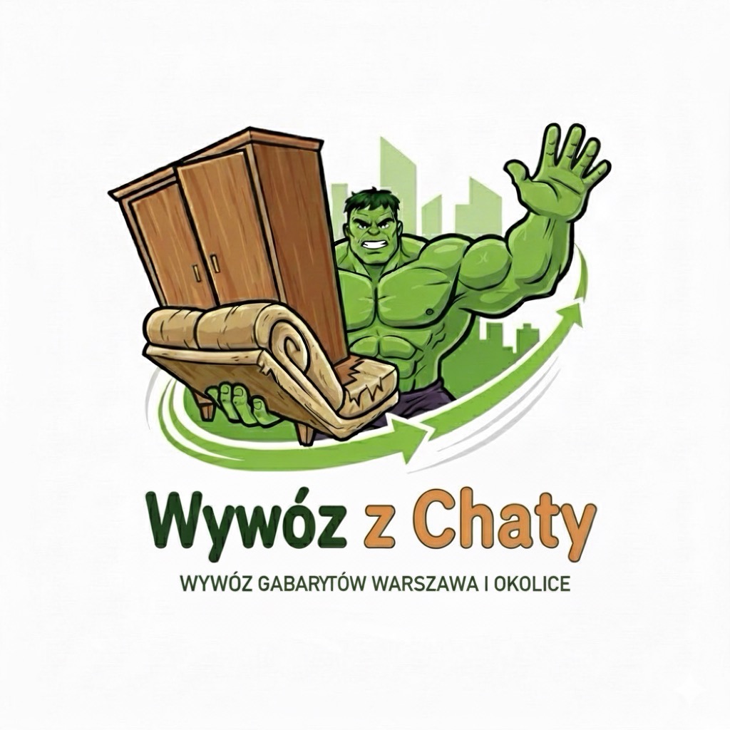 Ilustracja: Hulk trzyma szafę i kanapę. Logo firmy 'Wywóz z Chaty' z napisem 'Wywóz gabarytów Warszawa i okolice'. Zielone strzałki w tle i sylwetka miasta.