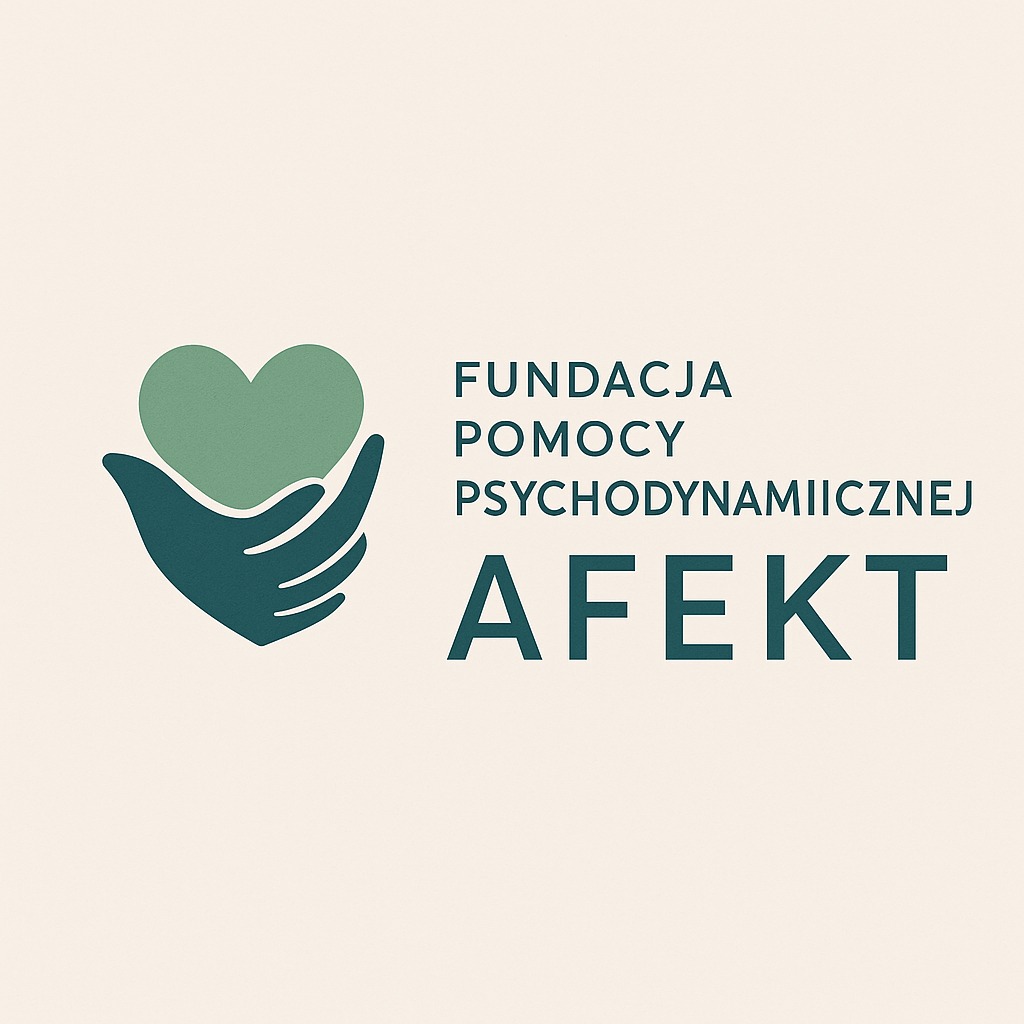 Logo Fundacji Pomocy Psychodynamicznej AFEKT: dłoń trzymająca serce, nazwa fundacji w kolorze ciemnozielonym na kremowym tle.