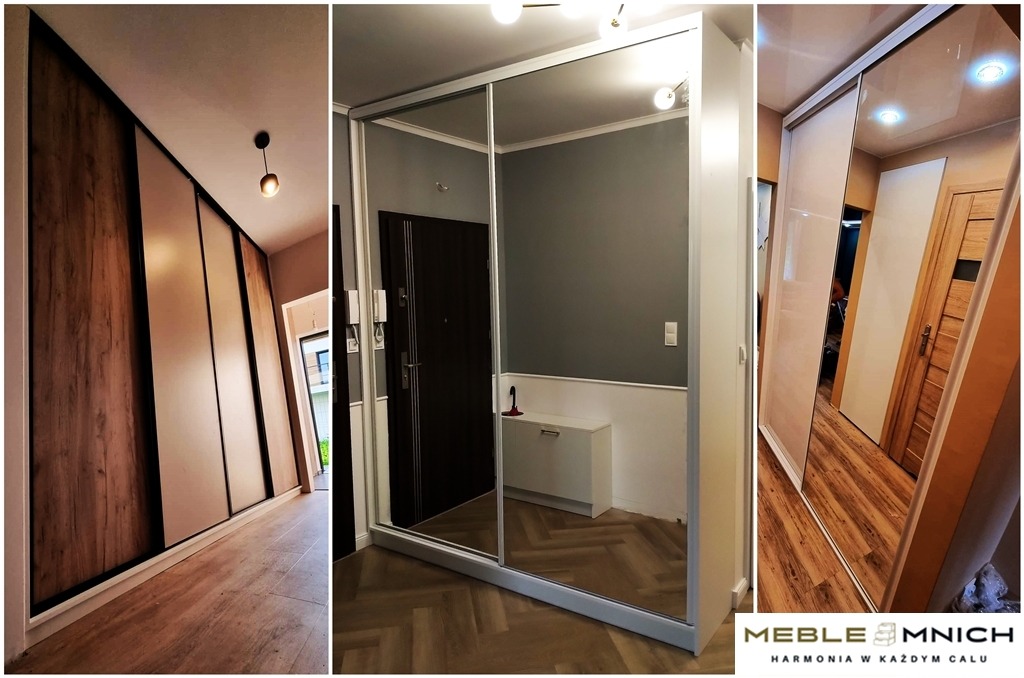 Kompozycja trzech ujęć: szafa przesuwna z drewnianymi frontami, lustrzana szafa w przedpokoju i szafa z białymi drzwiami przesuwnymi w korytarzu.