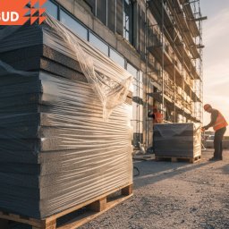 Obbud Jakub Olejnik - Paleta z szarymi płytami izolacyjnymi w folii na placu budowy, w tle pracownicy i rusztowania przy budynku w surowym stanie, ciepłe światło zachodzącego słońca.