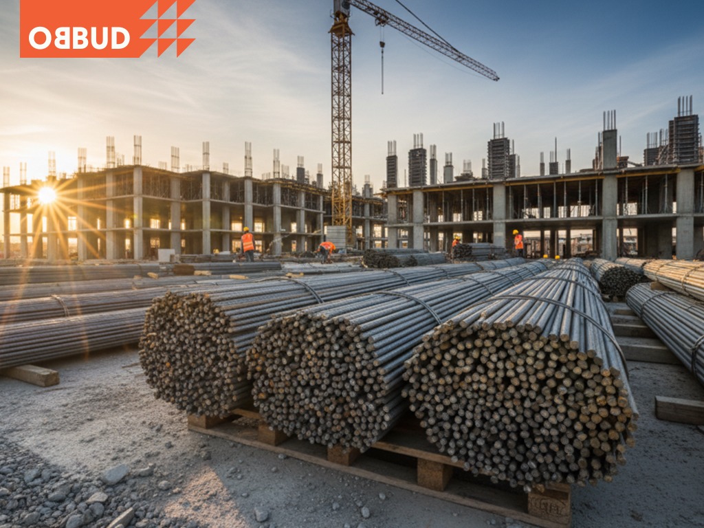 Słoneczny widok na plac budowy z ułożonymi pęczkami stali zbrojeniowej na paletach, w tle konstrukcja budynku i żuraw.