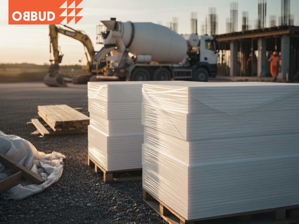 Palety białych płyt izolacyjnych na placu budowy, w tle betoniarka i koparka. Płyty owinięte folią, widoczne drewniane elementy konstrukcji i pracownik w pomarańczowym kombinezonie.
