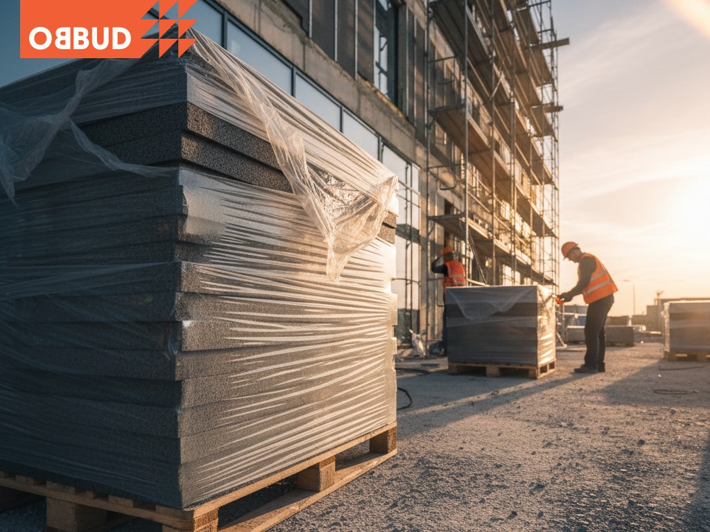 Paleta z szarymi płytami izolacyjnymi w folii na placu budowy, w tle pracownicy i rusztowania przy budynku w surowym stanie, ciepłe światło zachodzącego słońca.