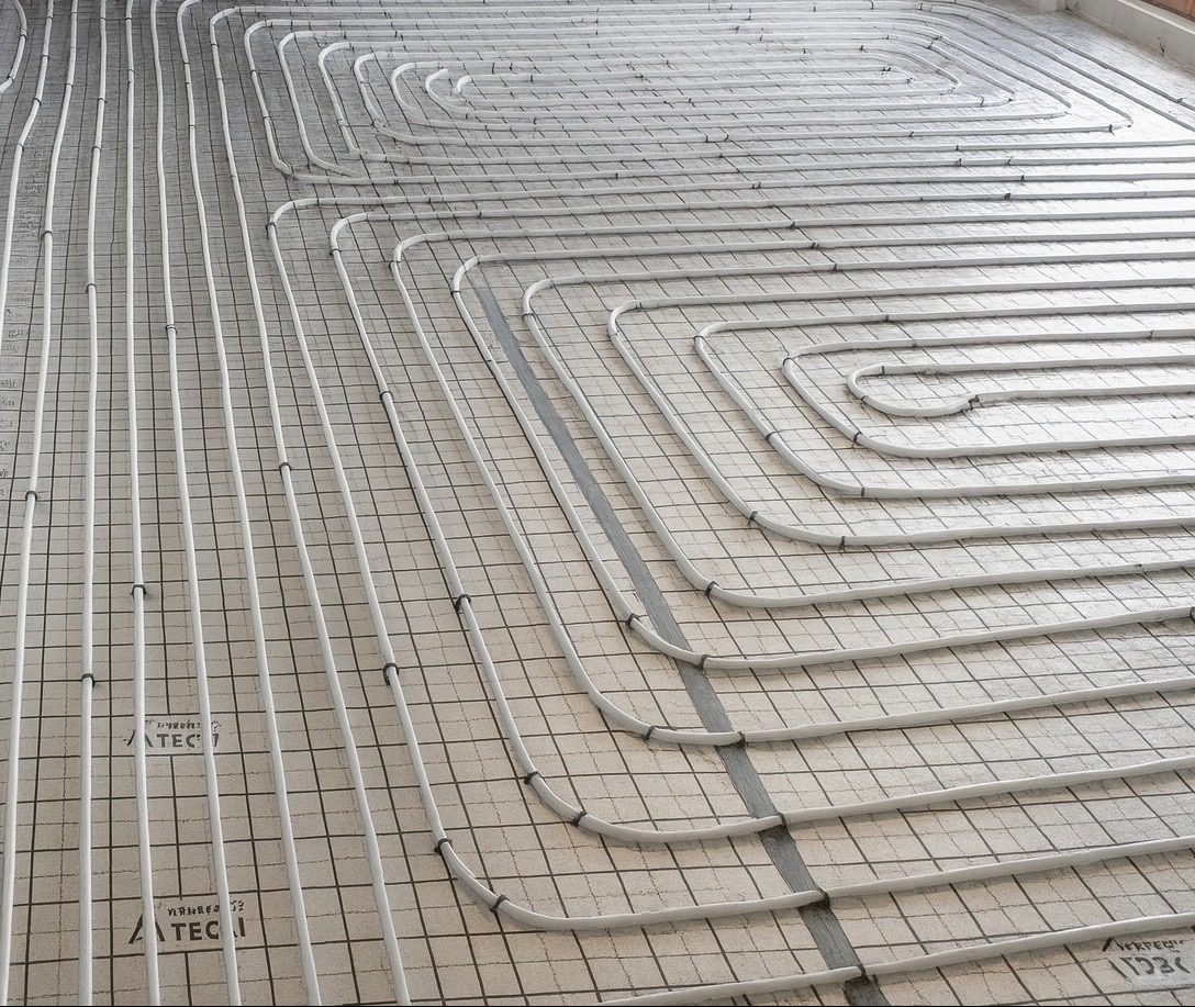 Białe rury ogrzewania podłogowego ułożone spiralnie na szarej macie z rastrem. Widok z góry, instalacja przed wylaniem posadzki. Równoległe ułożenie rur.