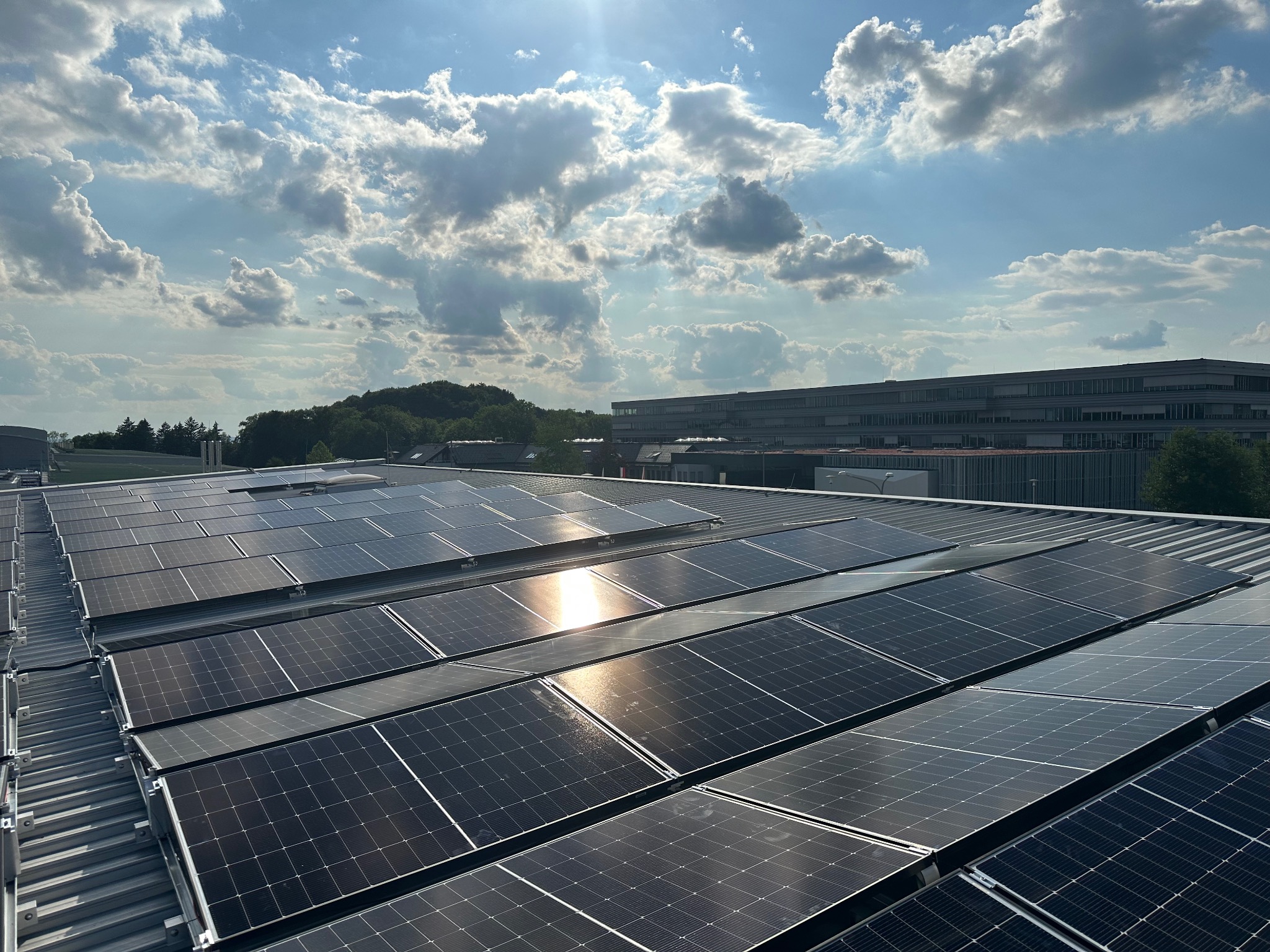 Rząd paneli słonecznych na dachu budynku w słoneczny dzień. Widoczne odbicia słońca na panelach, w tle błękitne niebo z chmurami i budynki.