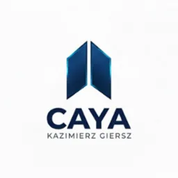Logo firmy CAYA Kazimierz Giersz z geometrycznym symbolem w niebieskich odcieniach na białym tle. Minimalistyczny design.