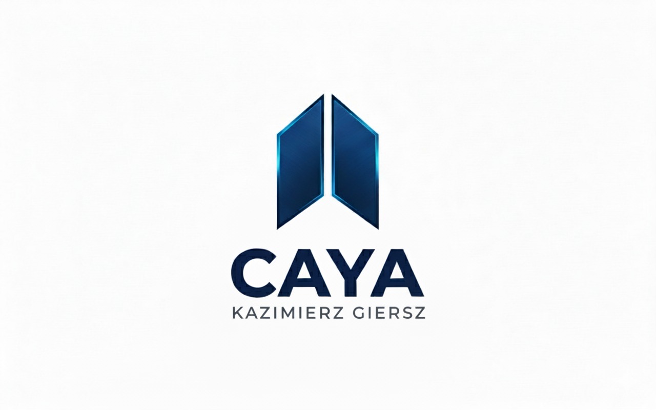 Logo firmy CAYA Kazimierz Giersz z geometrycznym symbolem w niebieskich odcieniach na białym tle. Minimalistyczny design.
