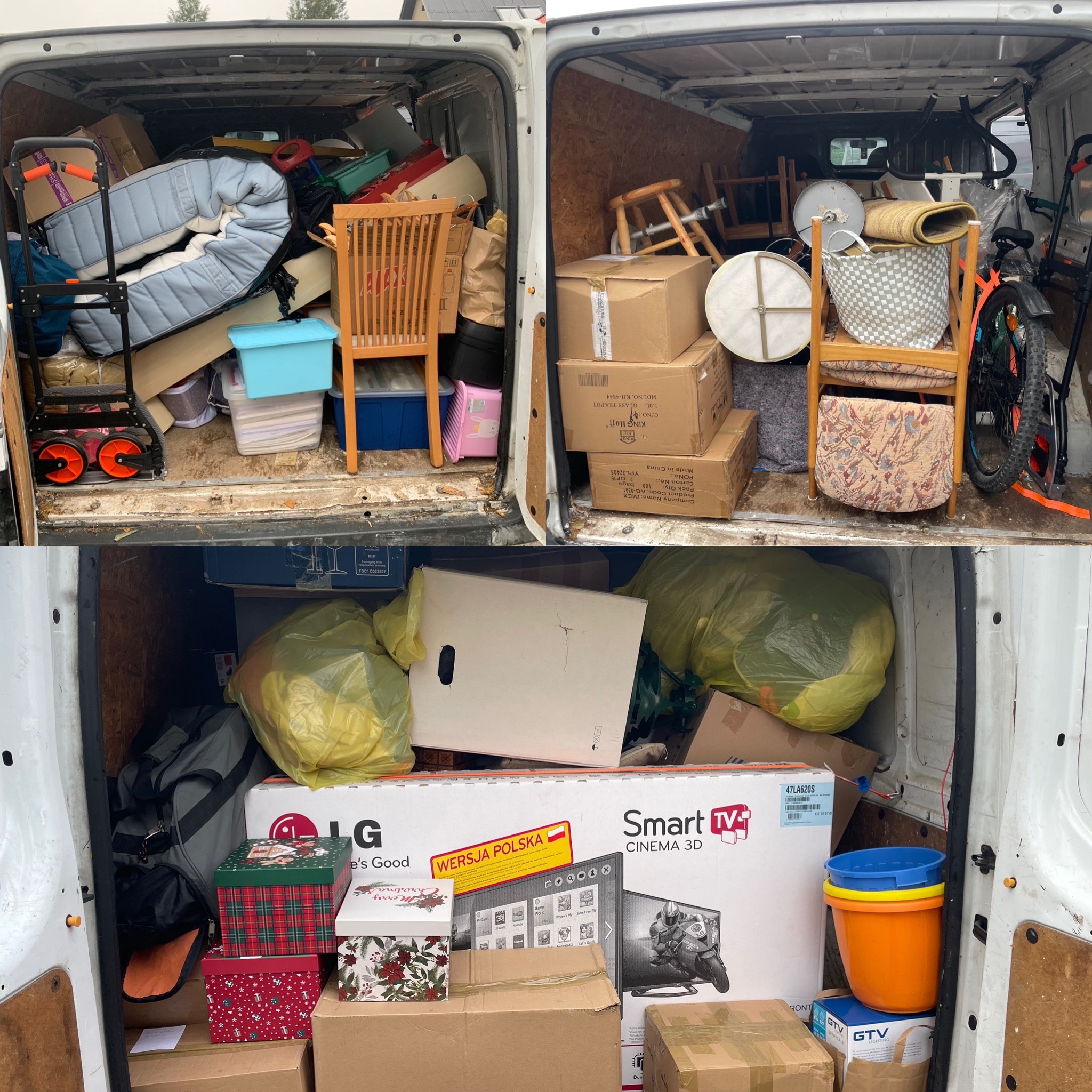 Załadunek busa w Gdyni przed transportem. Dwie części zdjęcia ukazują wnętrze pojazdu wypełnione meblami, kartonami i sprzętem AGD, gotowe do przewozu.