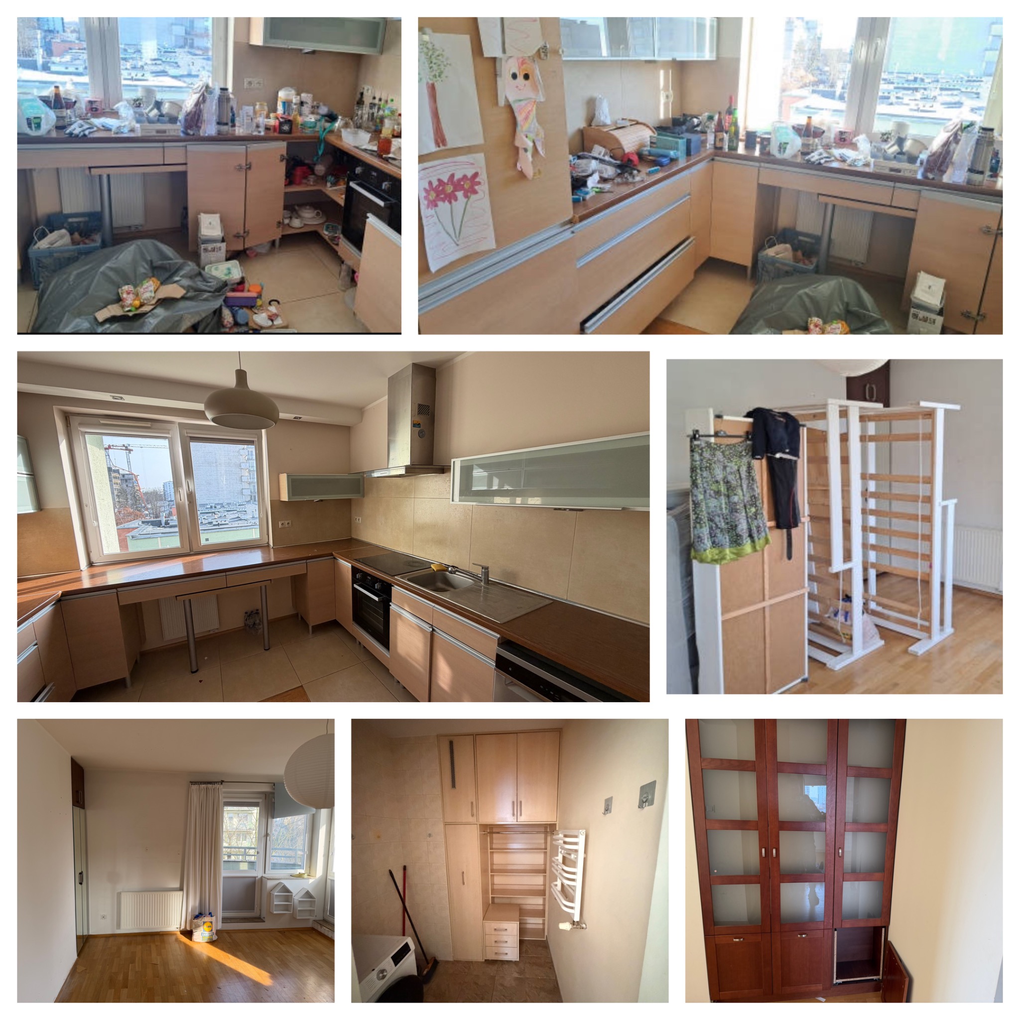 Wnętrza mieszkania w trakcie opróżniania: kuchnia z bałaganem, pokój z meblami do transportu, puste pomieszczenie. Widok na miasto z okna.