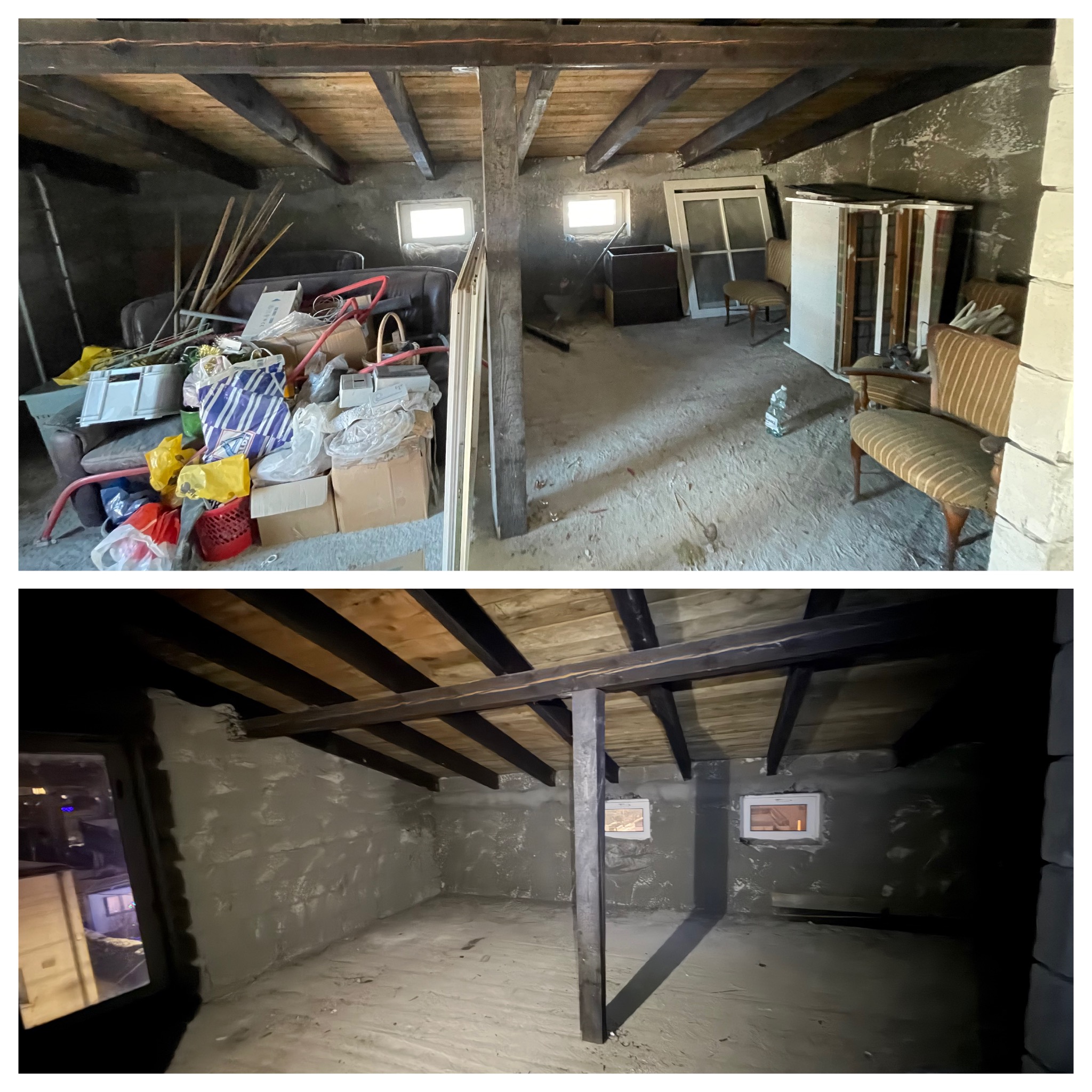 Zdjęcie 'przed i po' przedstawia strych: zagracony różnymi przedmiotami i po opróżnieniu, z widocznymi oknami i drewnianą konstrukcją dachu.