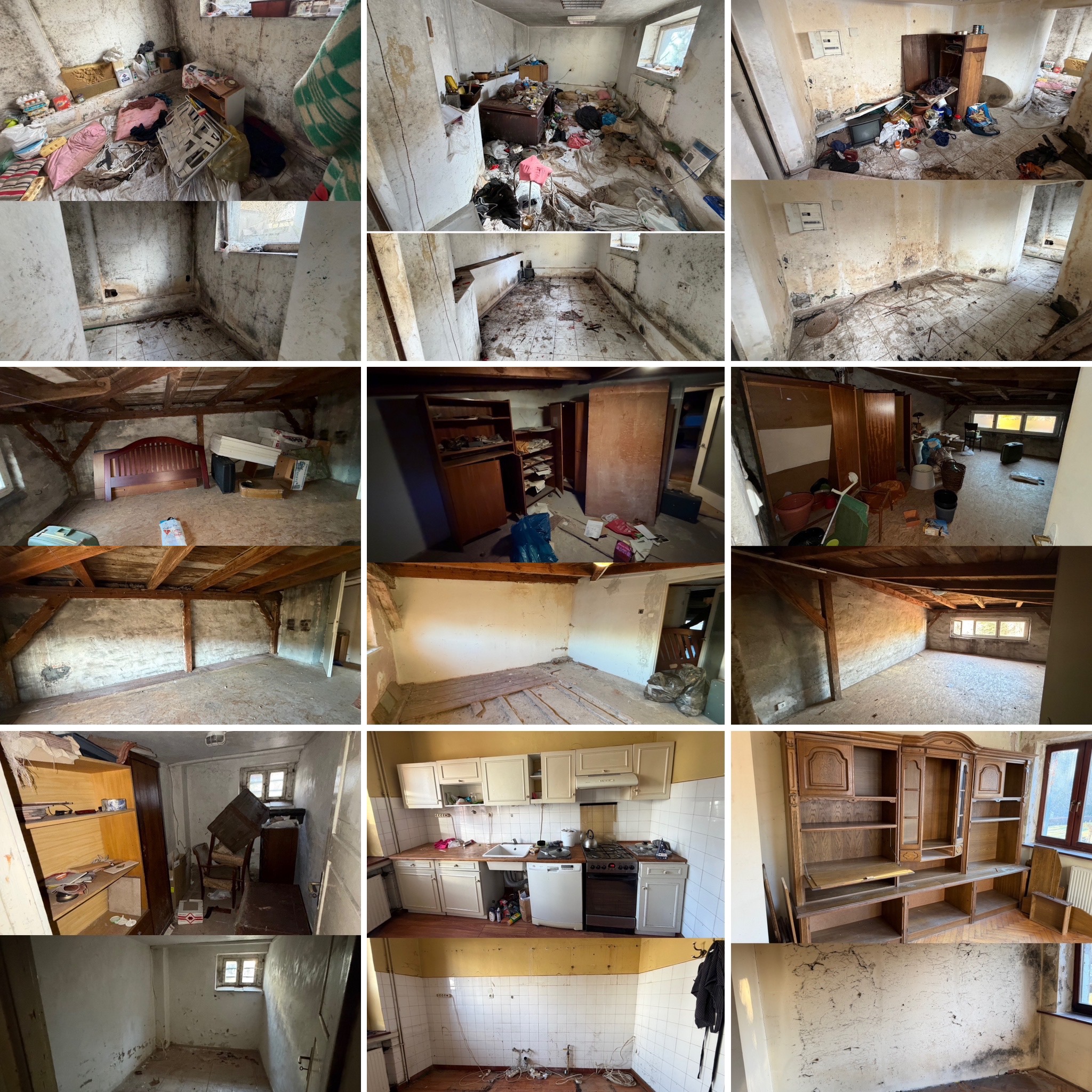 Kolaż zdjęć z wnętrz przed opróżnianiem: zagracone pokoje, kuchnia i poddasze. Widoczne ślady wilgoci i zaniedbania. Różne ujęcia i pomieszczenia w jednym obrazie.