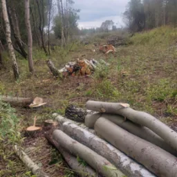 Ścięte pnie drzew na łące, w tle widoczne drzewa i niebo. Świeżo ścięte pnie ułożone w stosy. Widoczne ślady po wycince.