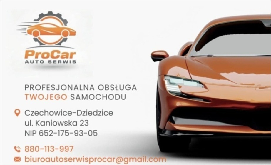 Wizytówka warsztatu samochodowego ProCar z Czechowic-Dziedzic. Grafika auta i koła zębatego, dane kontaktowe, adres i NIP. Profesjonalna obsługa Twojego samochodu.