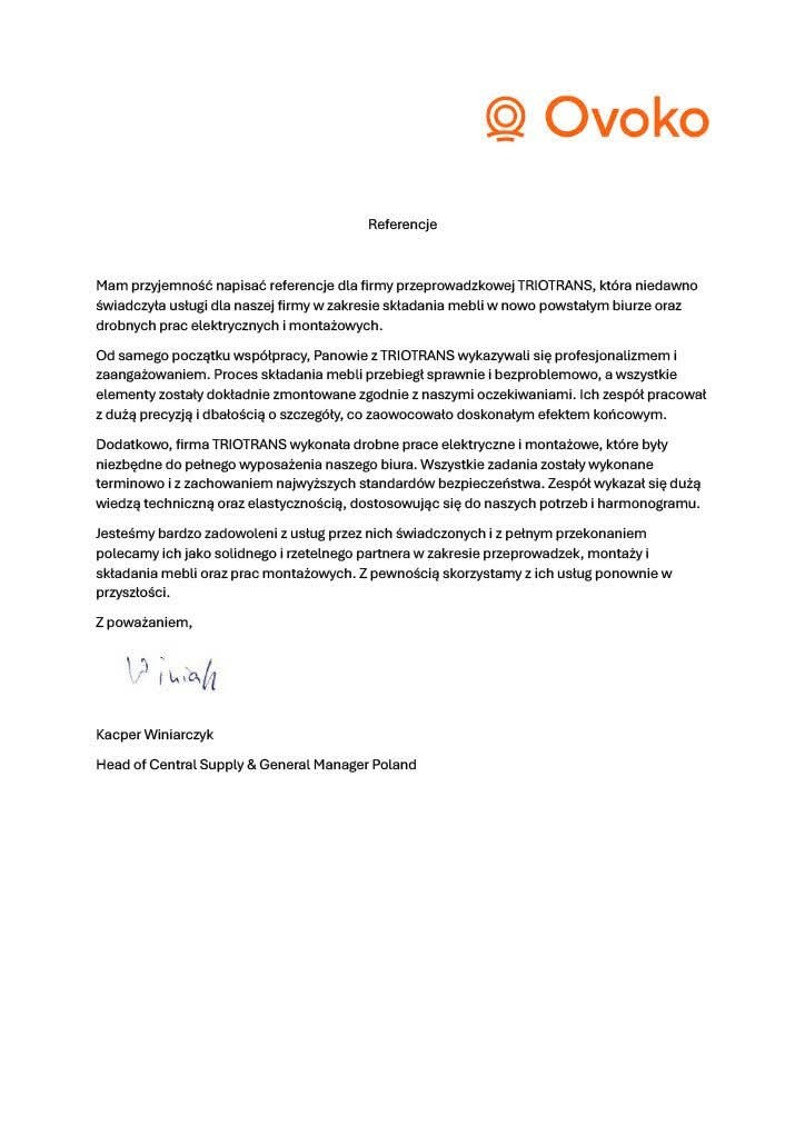 Referencje dla firmy przeprowadzkowej TRIOTRANS, świadczącej usługi składania mebli, drobnych prac elektrycznych i montażowych w biurze. Podpis Kacper Winiarczyk.