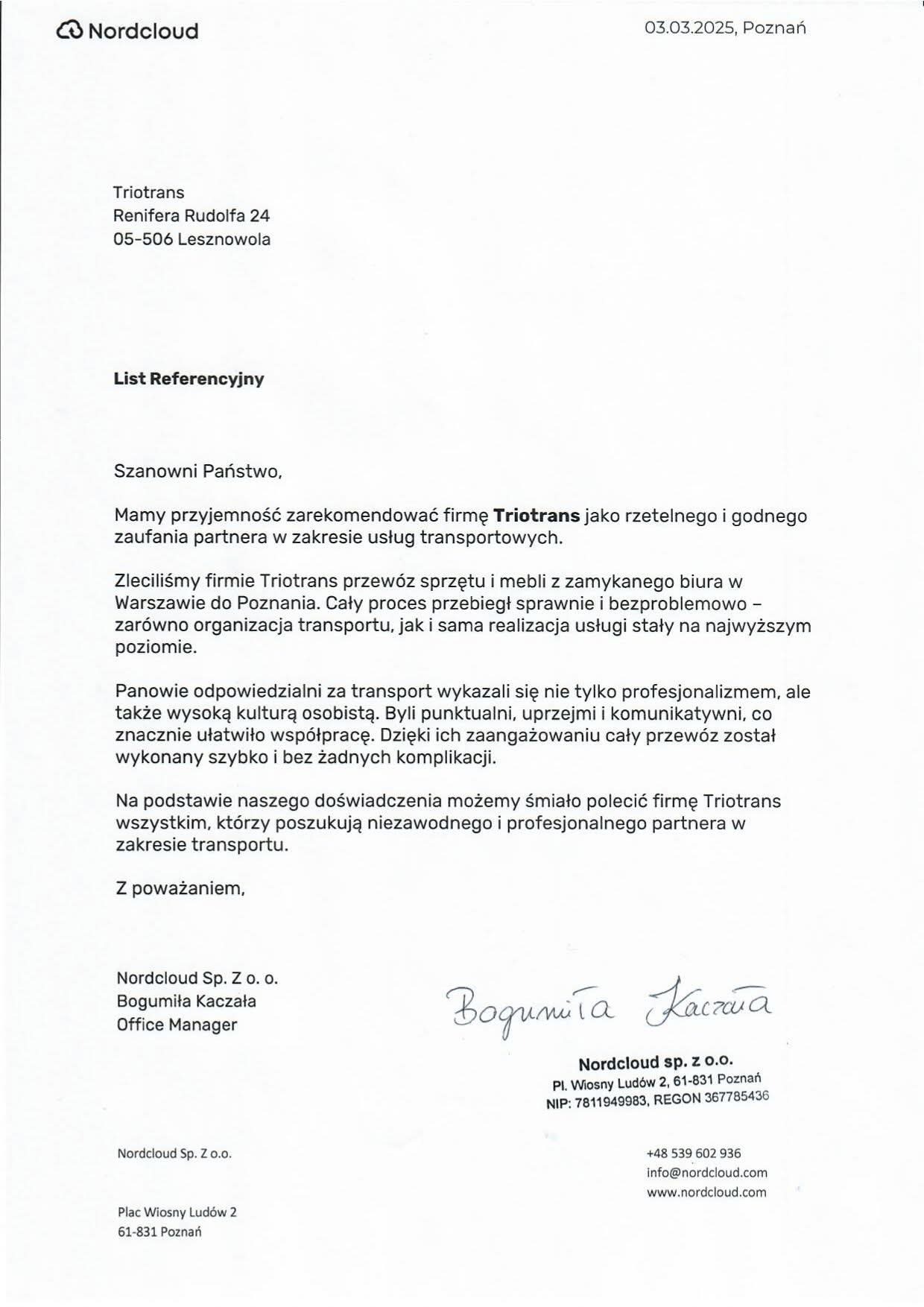 List referencyjny od Nordcloud dla firmy Triotrans, potwierdzający profesjonalizm i rzetelność w usługach transportowych, z datą 03.03.2025 i podpisem.