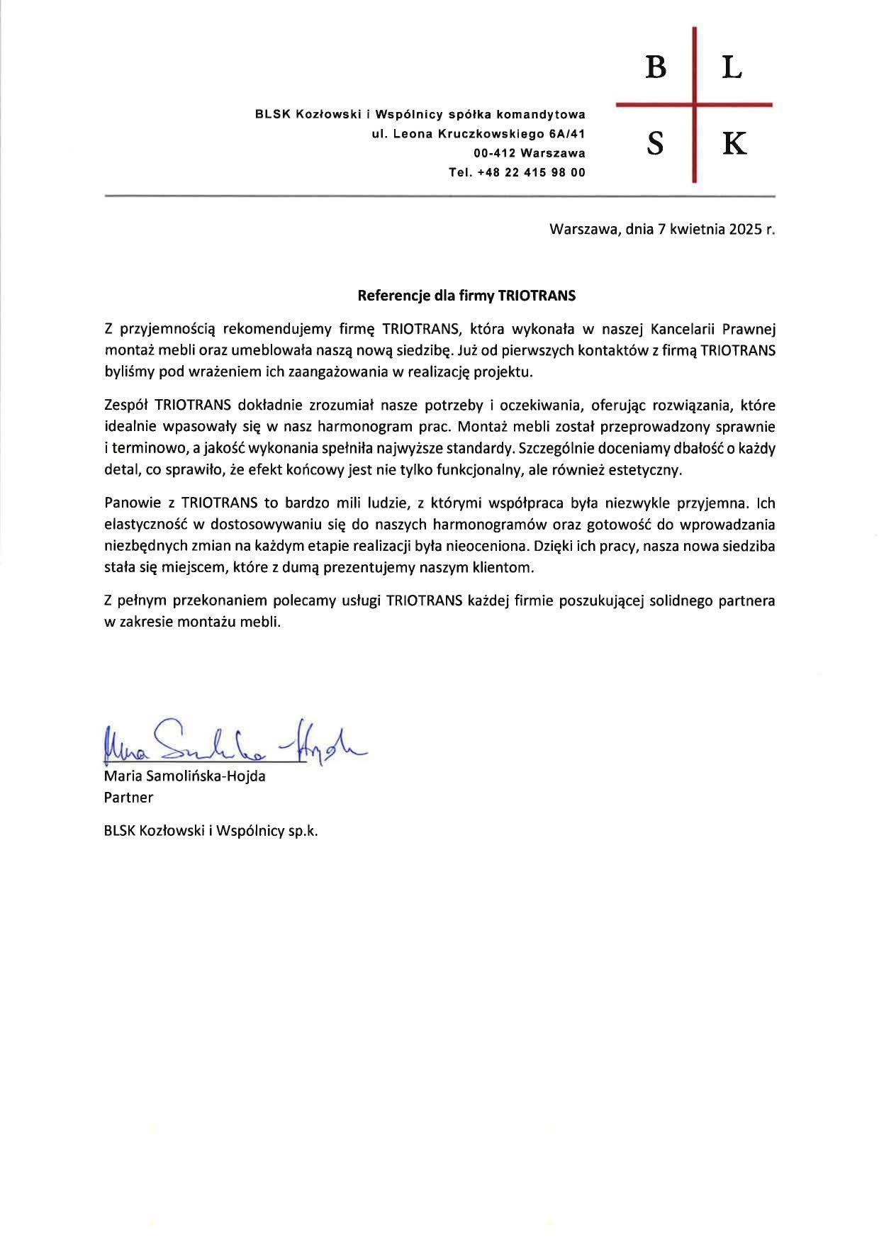 Skan referencji dla firmy TRIOTRANS, polecającej montaż mebli i umeblowanie siedziby. Dokument z datą, podpisem i pieczęcią firmy BLSK Kozłowski i Wspólnicy.