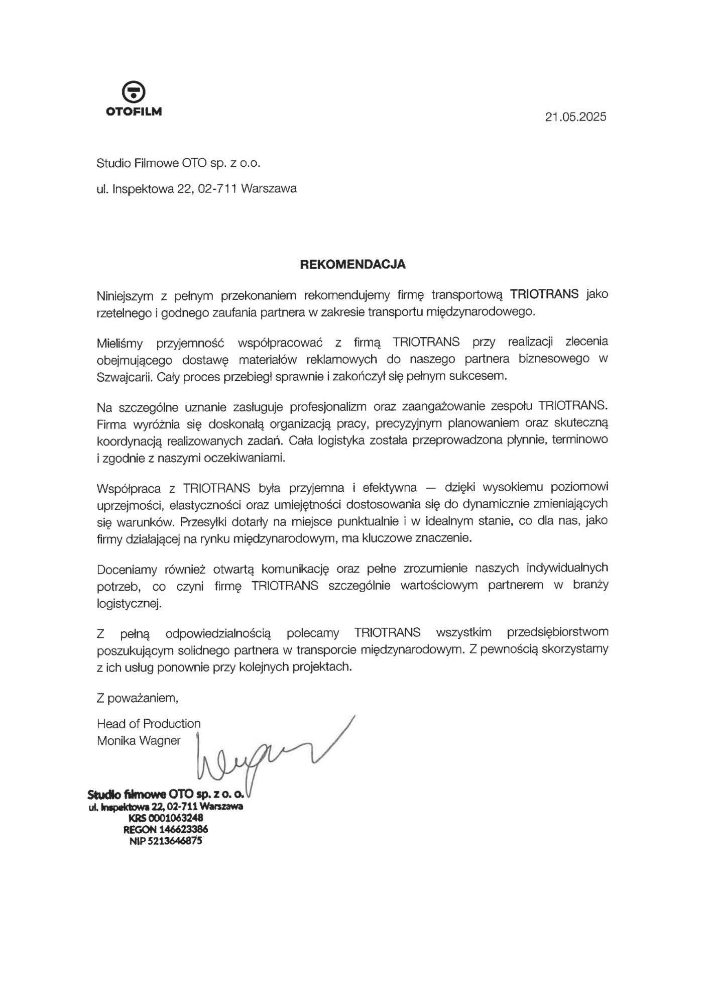 Skan rekomendacji dla firmy transportowej TRIOTRANS, z pochlebną opinią o transporcie międzynarodowym i dostawie materiałów reklamowych do Szwajcarii.