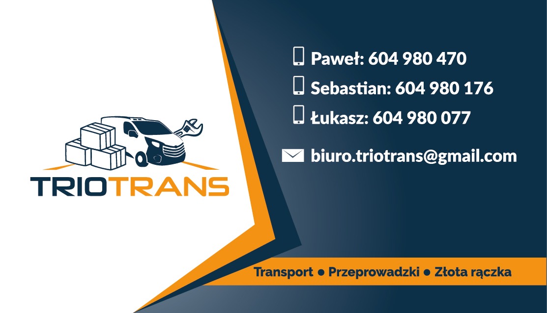 Wizytówka firmy TrioTrans z grafiką busa, paczek i klucza francuskiego. Zawiera dane kontaktowe: numery telefonów i adres e-mail. Oferuje transport, przeprowadzki i usługi złotej rączki.
