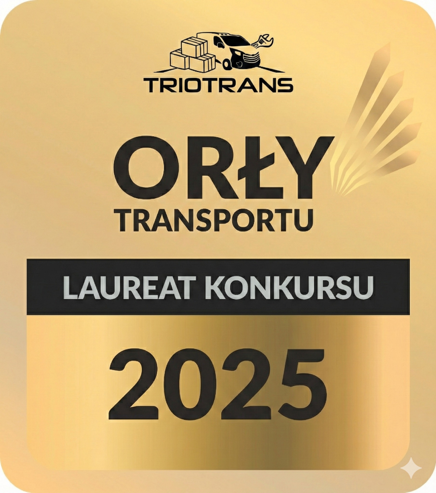 Złota nagroda 'Orły Transportu' dla Triotrans, laureata konkursu w 2025 roku. Grafika z logotypem firmy, busem i paczkami.