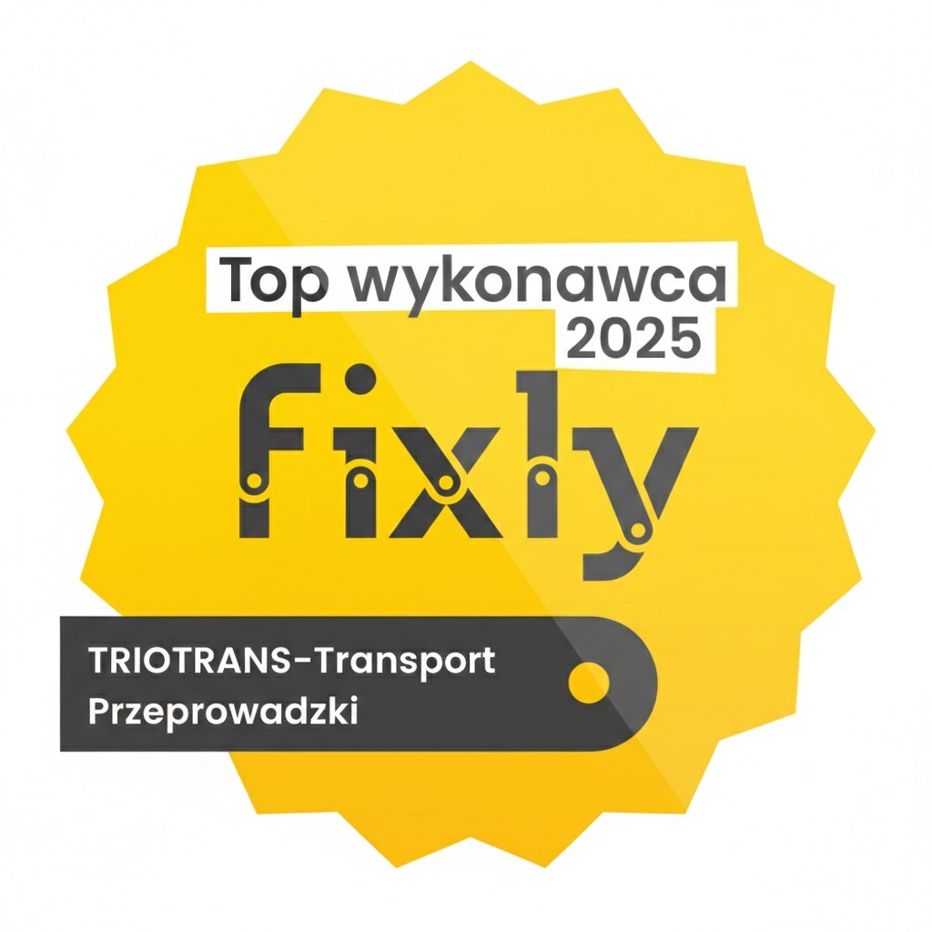 Żółta odznaka 'Top Wykonawca 2025' Fixly dla TRIOTRANS-Transport Przeprowadzki z Lesznowoli, na białym tle. Logo firmy transportowej.