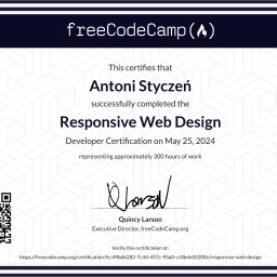 Certyfikat ukończenia kursu Responsive Web Design (freeCodeCamp)