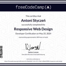 Certyfikat ukończenia kursu Responsive Web Design (freeCodeCamp)