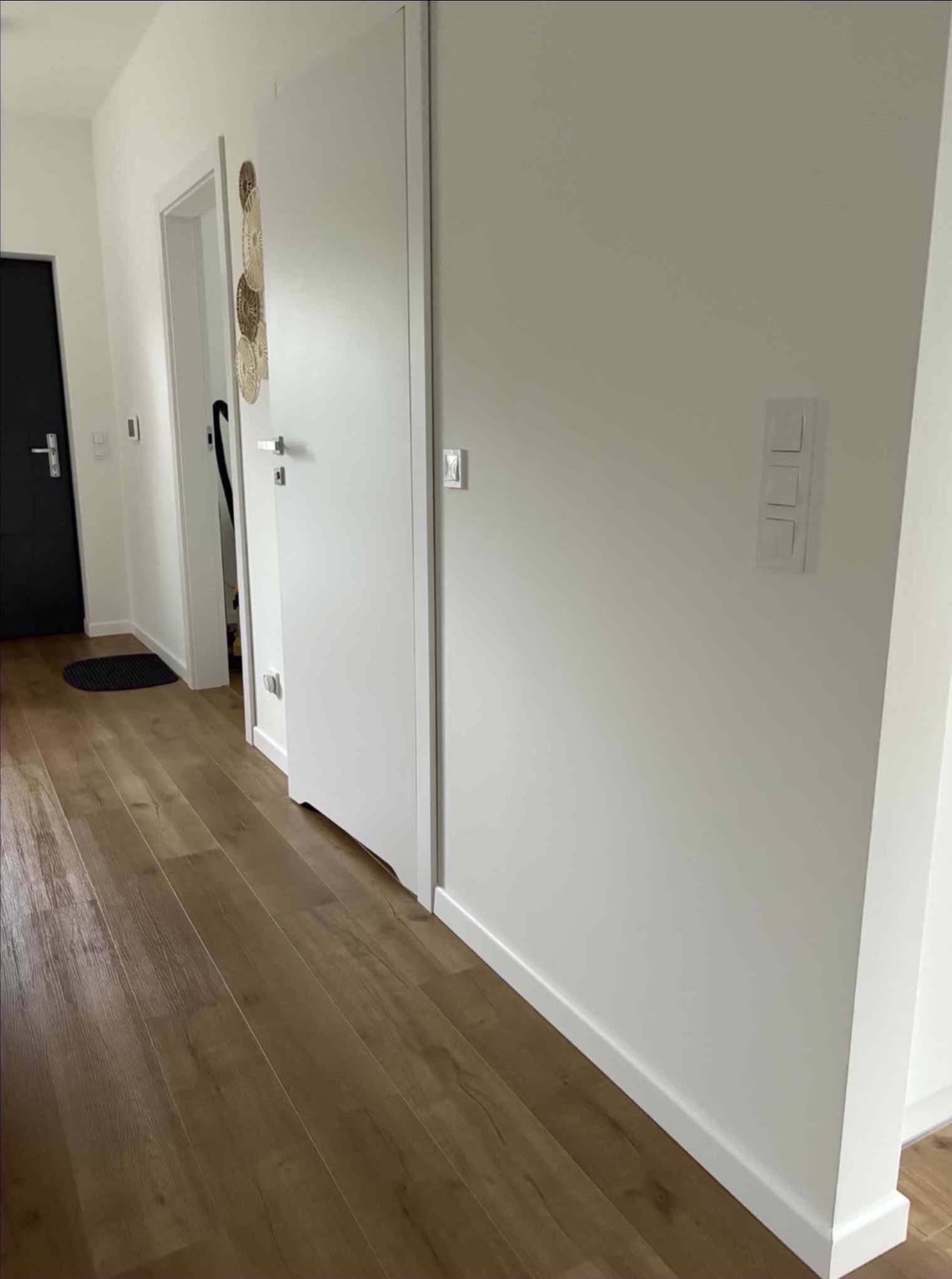 Jasne wnętrze korytarza z drewnianą podłogą, białymi ścianami i drzwiami. Dekoracja ścienna w formie ażurowych kół. Minimalistyczny design, widoczne listwy przypodłogowe.