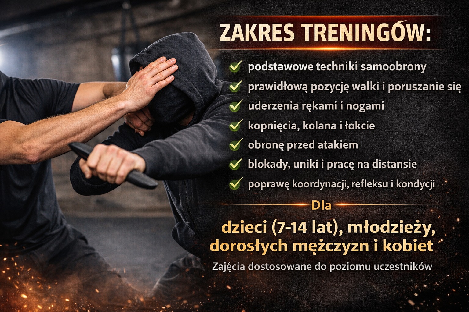 Grafika reklamowa treningów samoobrony: zakres zajęć, techniki, obrona przed atakiem, poprawa koordynacji dla dzieci, młodzieży i dorosłych.