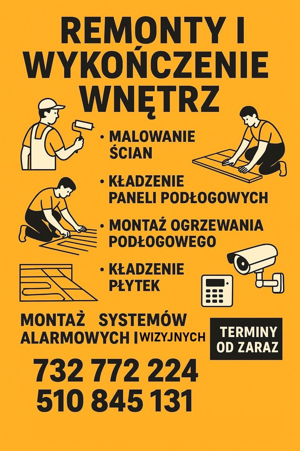 Grafika reklamowa usług remontowych: malowanie ścian, układanie paneli, montaż ogrzewania podłogowego, kładzenie płytek i montaż systemów alarmowych.