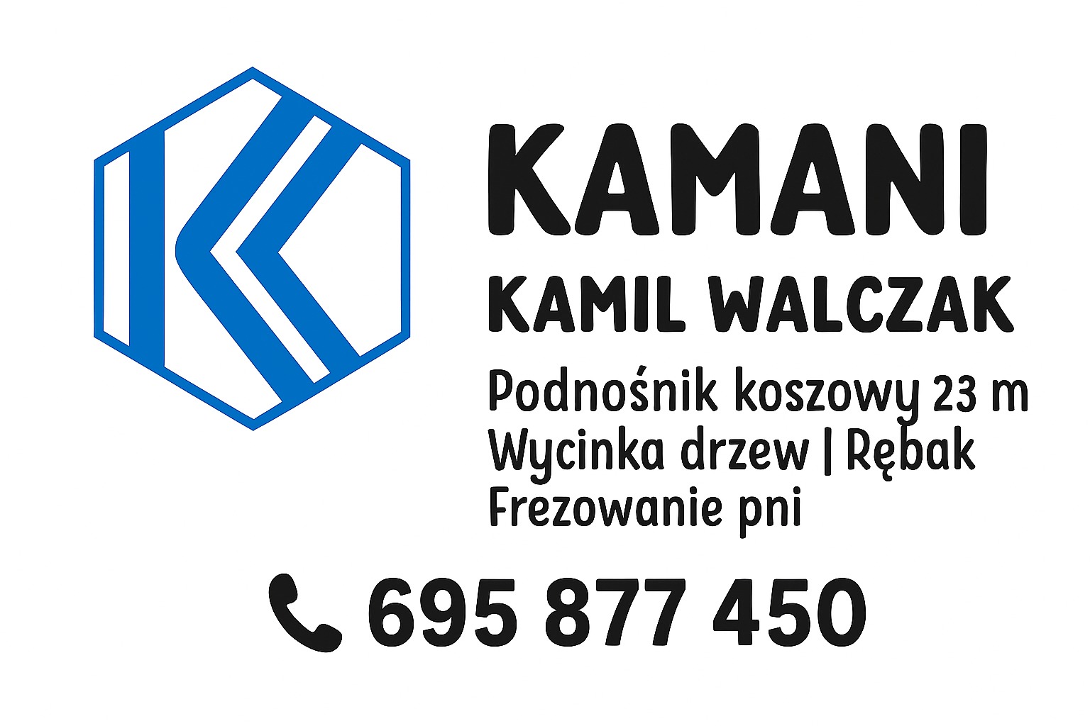 Logo firmy KAMANI: podnośnik koszowy 23m, wycinka drzew, rębak, frezowanie pni. Kontakt: 695 877 450. Niebieski heksagon z literą K.