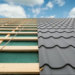 Ekspresowa Naprawa Dachow - Dach z widoczną konstrukcją drewnianą i częściowo ułożoną blachodachówką w kolorze grafitowym. Na połaci leży wkrętarka. W tle błękitne niebo.