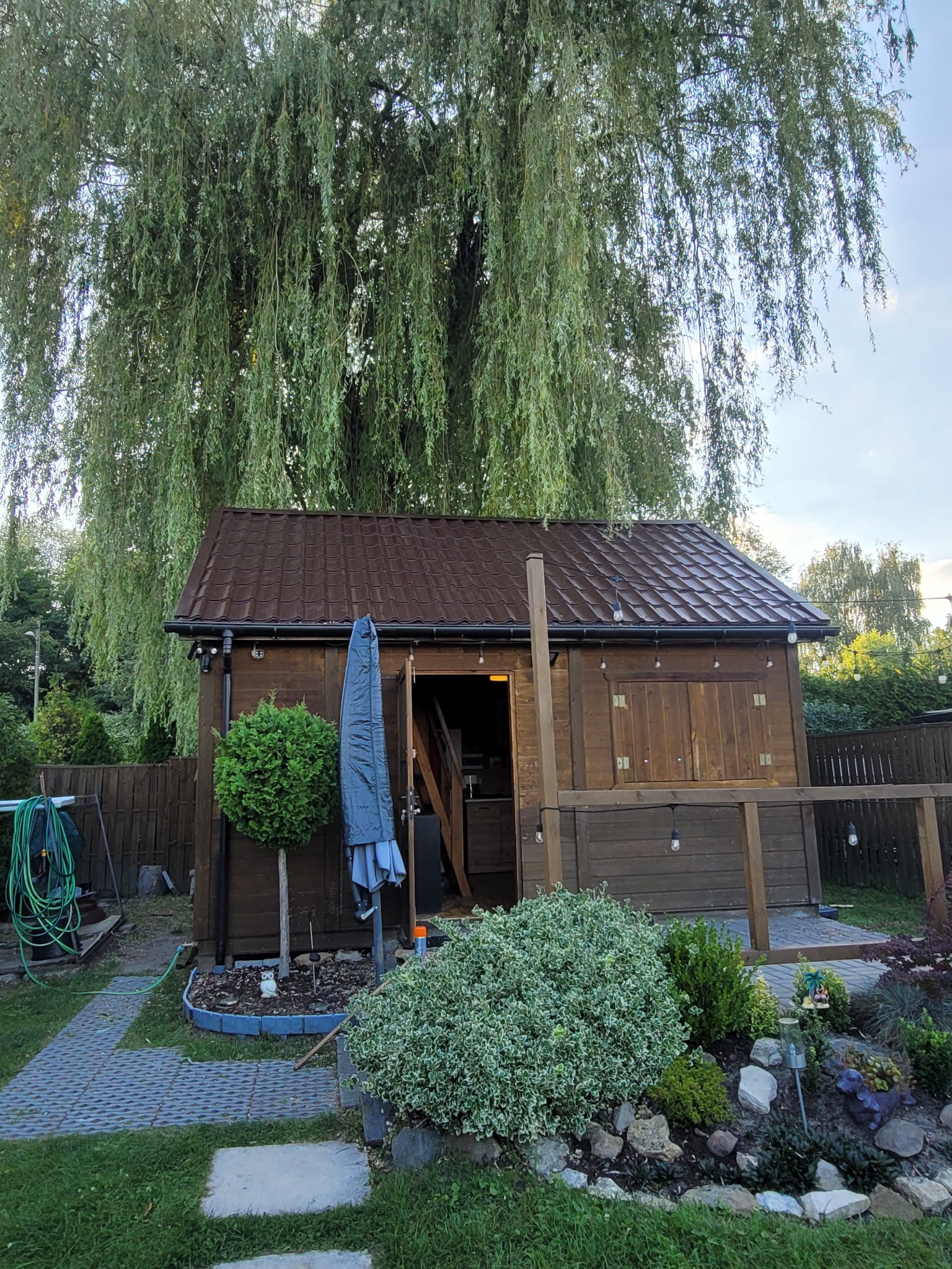 Brązowy dach małej drewnianej altanki w ogrodzie, z widoczną rynną i oświetleniem. W tle rozłożyste drzewo, ścieżka z kostki i zadbana roślinność.