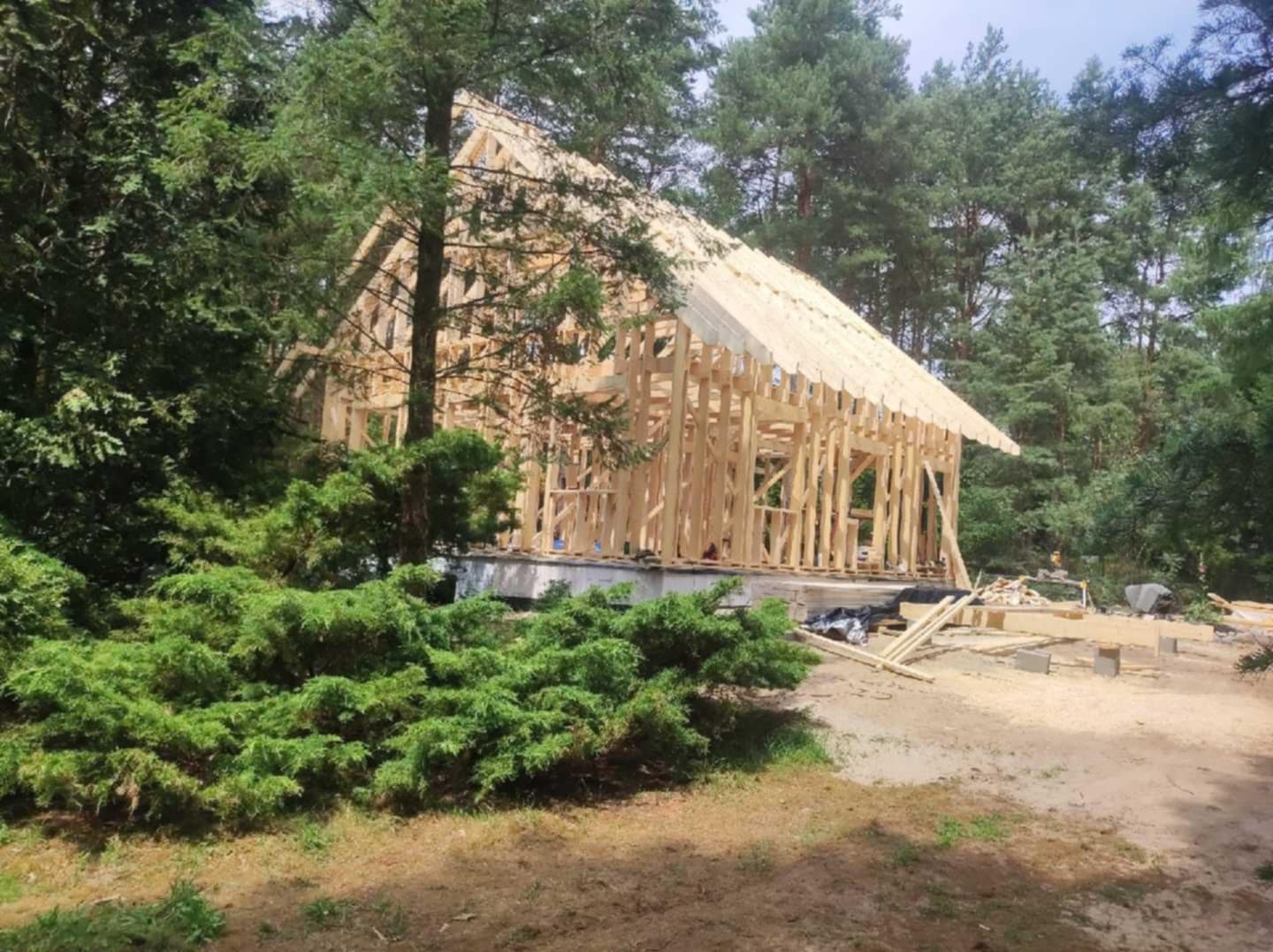 Surowa konstrukcja drewniana domu szkieletowego w lesie, widoczne elementy więźby dachowej i ścian. Fundament betonowy, otoczenie naturalne, drzewa iglaste.