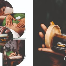 Emilia Hudak Graphic Design - Kompozycja z masażem ajurwedyjskim i peelingiem z kurkumy marki Nature...of India, podkreślająca naturalne składniki i rytuał pielęgnacyjny.