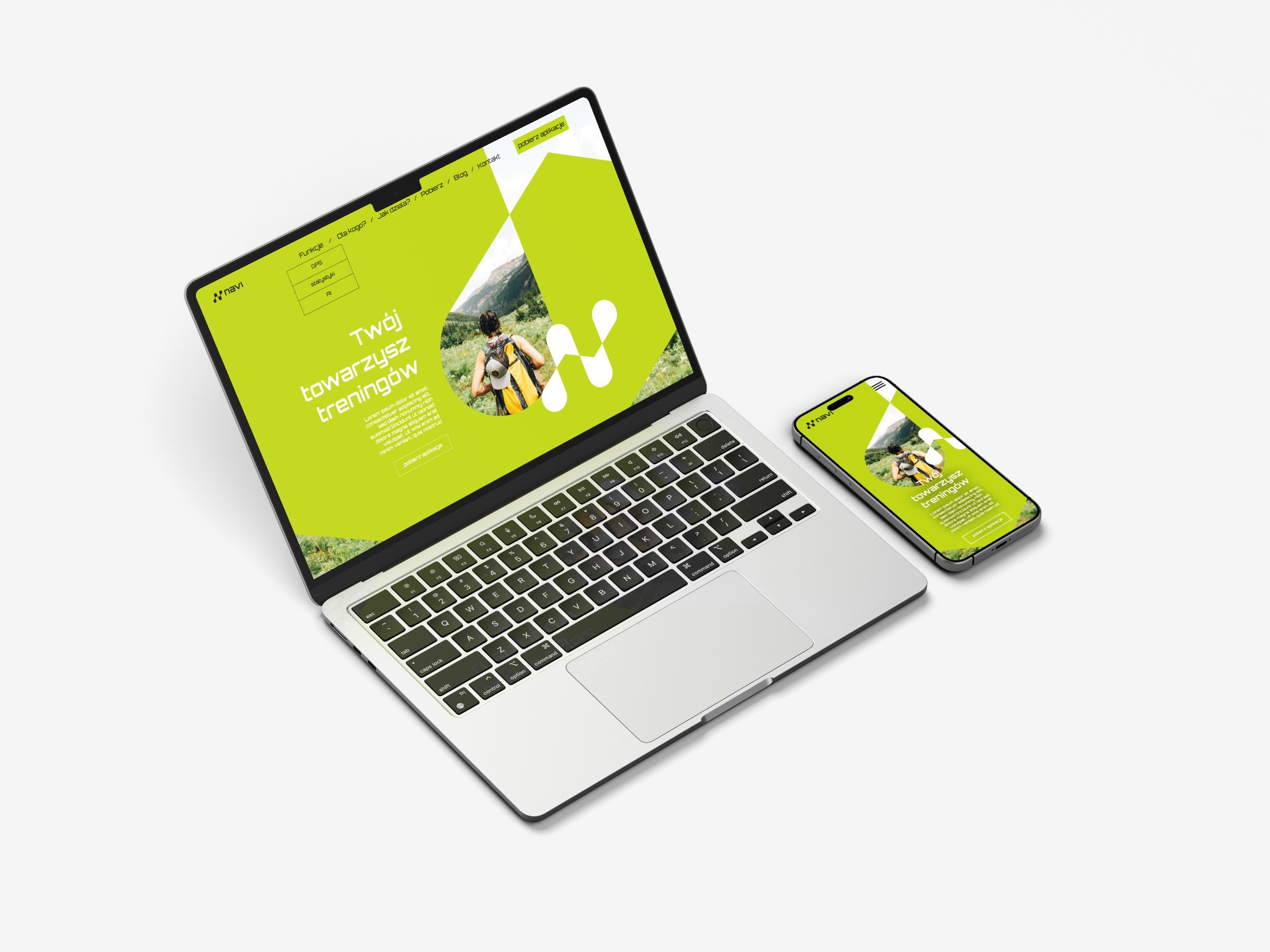 Mockup strony i aplikacji mobilnej firmy z Karpacza, prezentujący logo i hasło 'Twój towarzysz treningów' na laptopie i smartfonie. Minimalistyczny design w odcieniach bieli i zieleni.