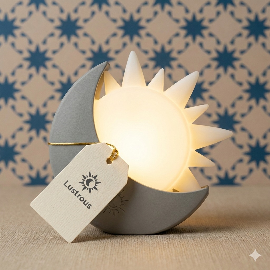 Lampka nocna LED w kształcie księżyca i słońca z etykietą 'Lustrous' na tle wzorzystej tapety. Ciepłe, subtelne światło. Idealna do pokoju dziecięcego.